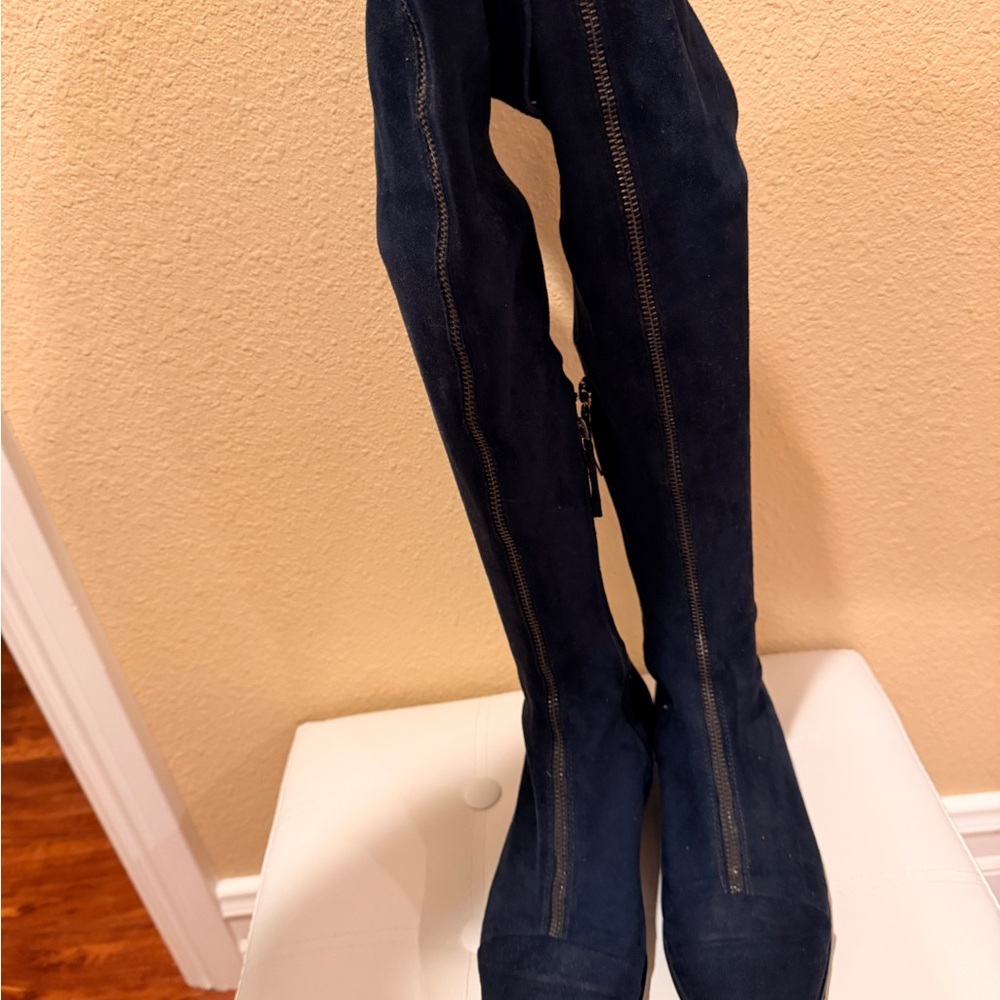 Zara Navy Suede Over-the-Knee Boots with Front Zip
